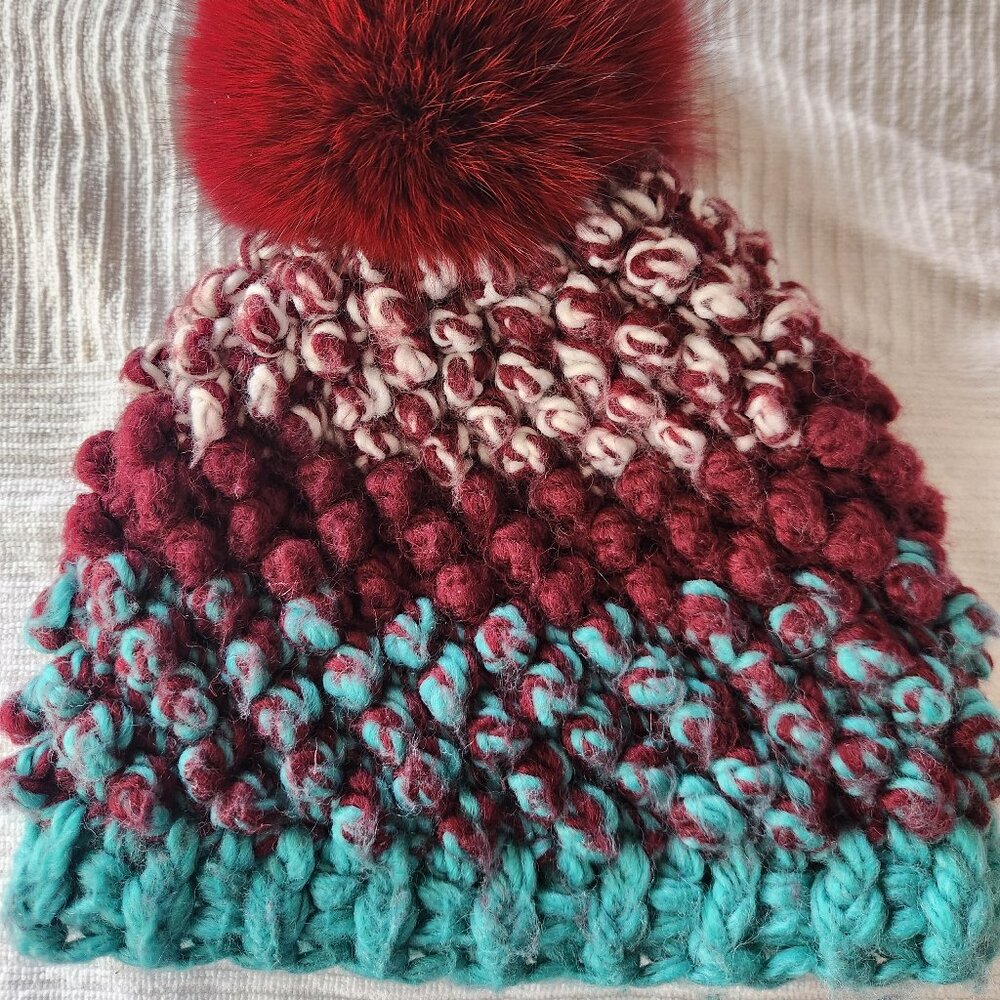 Kyi Kyi Beanie Hat Fox Fur Pom Pom Teal Blue Magenta Red Bobble Stitch Winter